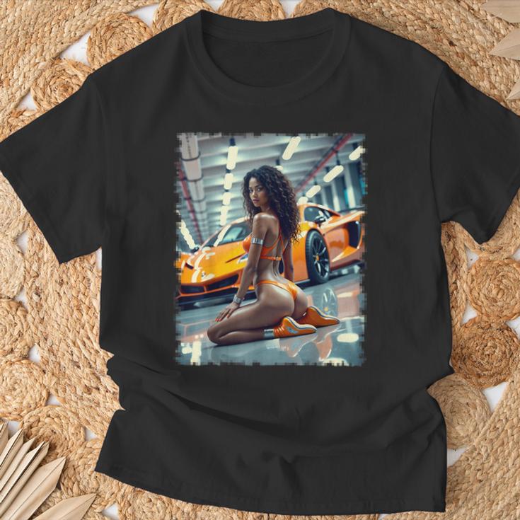 ピンナップガールtシャツ 男性用 ブラックピンナップガール&エキゾチックカー Tシャツ 高齢者への贈り物