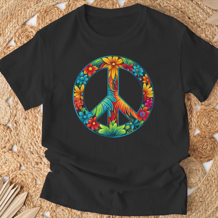 ピースマーク レトロフラワーデザイン ピースサイン Tシャツ 高齢者への贈り物