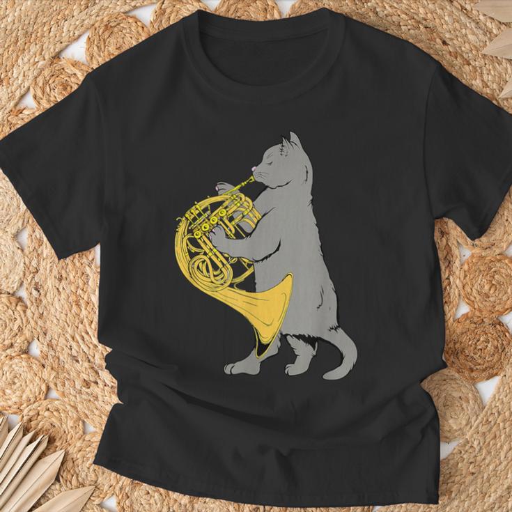 フレンチホルンを弾く猫 クール ミュージシャン オーケストラ Tシャツ 高齢者への贈り物