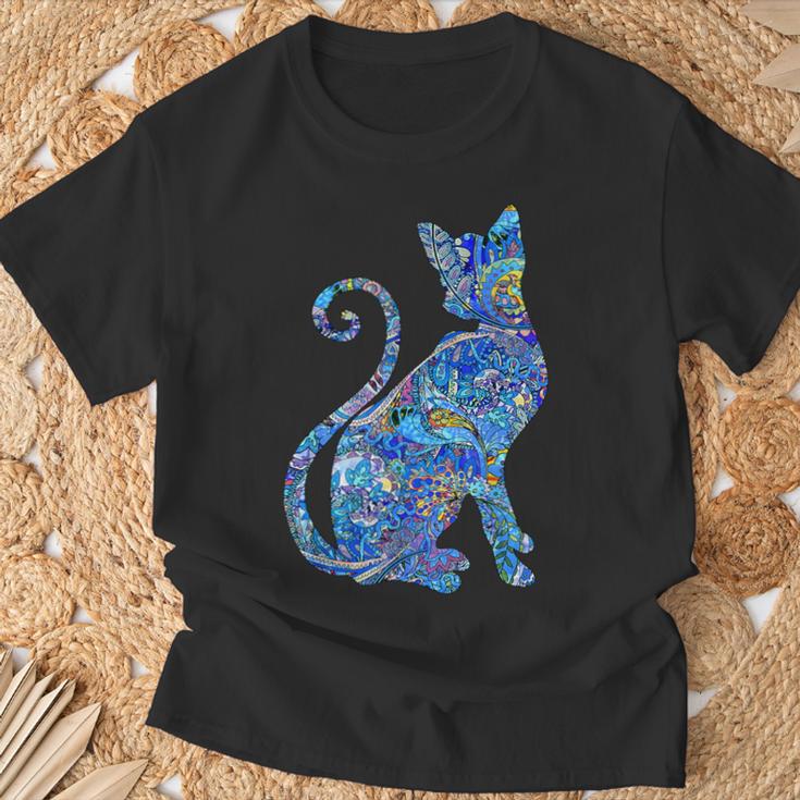 ブルー ペイズリーキャット Tシャツ 高齢者への贈り物