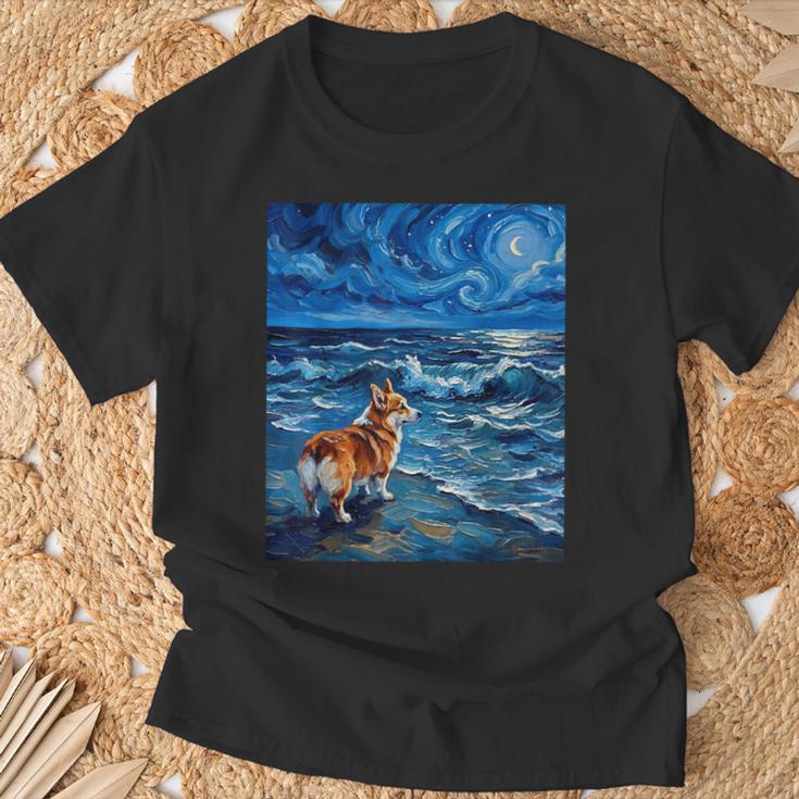 ペンブローク ウェールズ コーギー 犬 星月夜 ビーチ アートワーク Tシャツ 高齢者への贈り物
