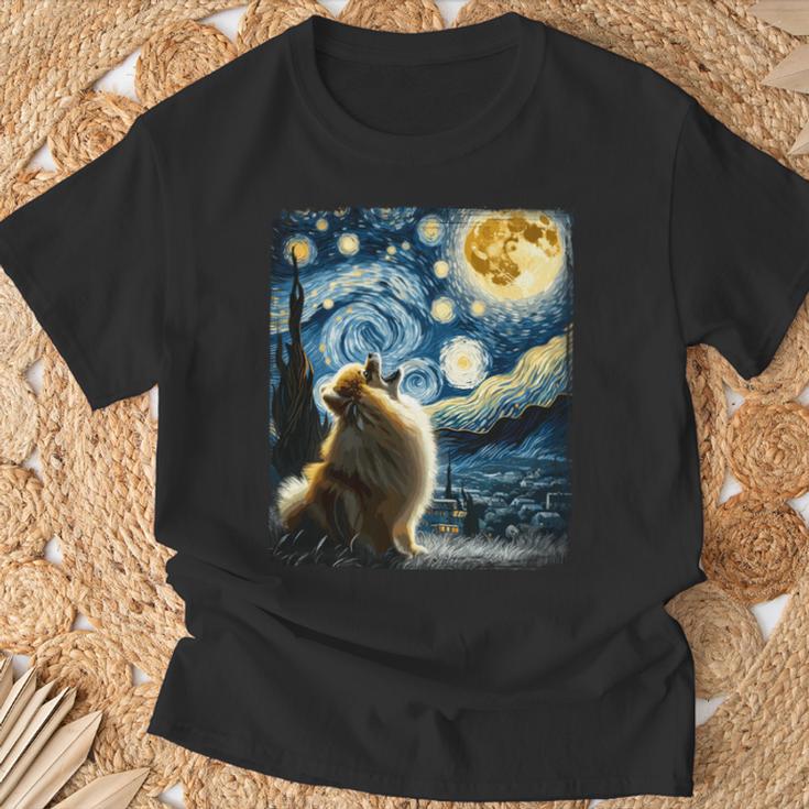 ポメラニアン 犬 イヌアート ゴッホ 星月夜 ポメラニアン 長袖tシャツ Tシャツ 高齢者への贈り物
