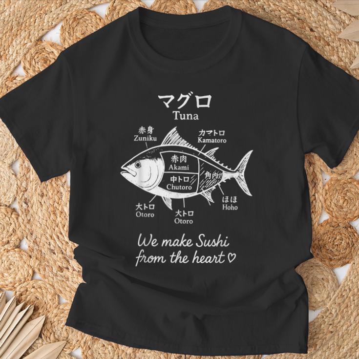 マグロ寿司切り図デザイン 日本料理グラフィック Tシャツ 高齢者への贈り物