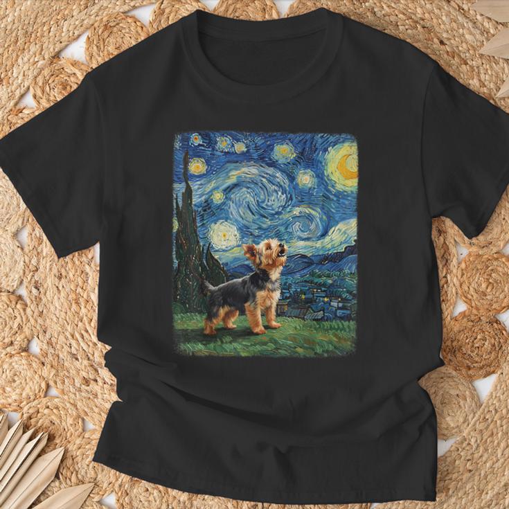 ヨークシャーテリア ハウリングムーン 星月夜 ゴッホ 面白い Tシャツ 高齢者への贈り物