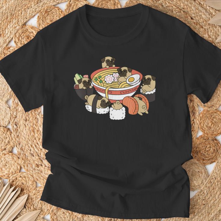 ラーメン寿司パグ犬 Tシャツ 高齢者への贈り物