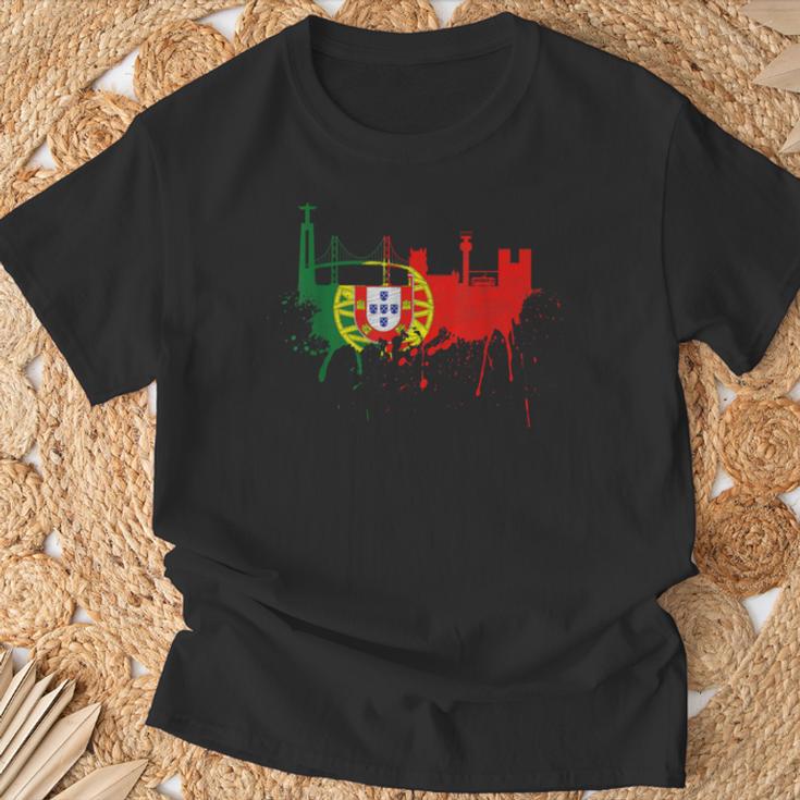 リスボン スカイライン ポルトガル国旗 絵画 ファンアート I Love Lisboa Tシャツ 高齢者への贈り物