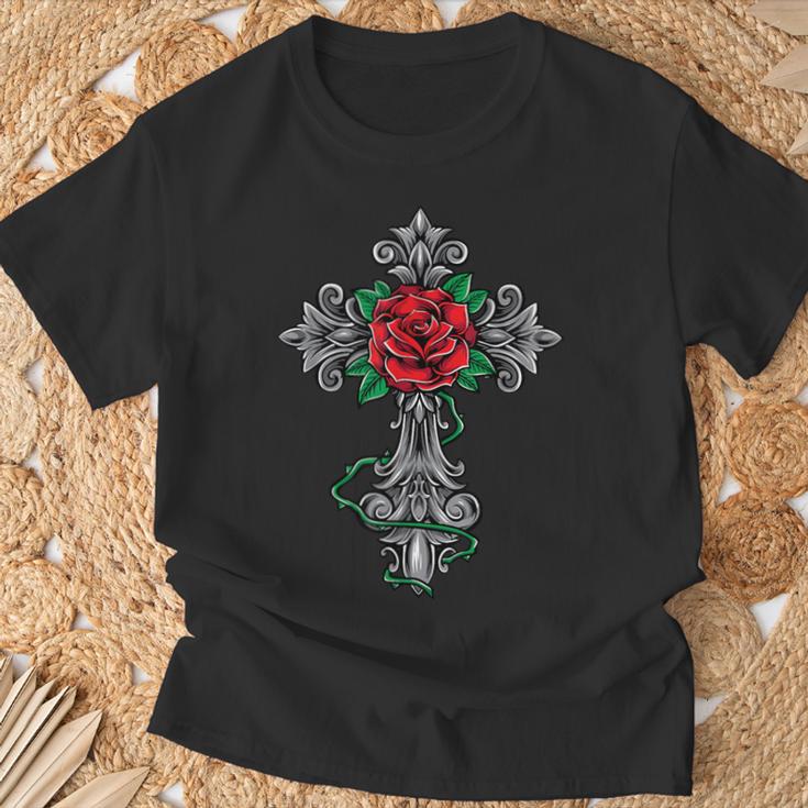 十字架とバラ Tシャツ 高齢者への贈り物