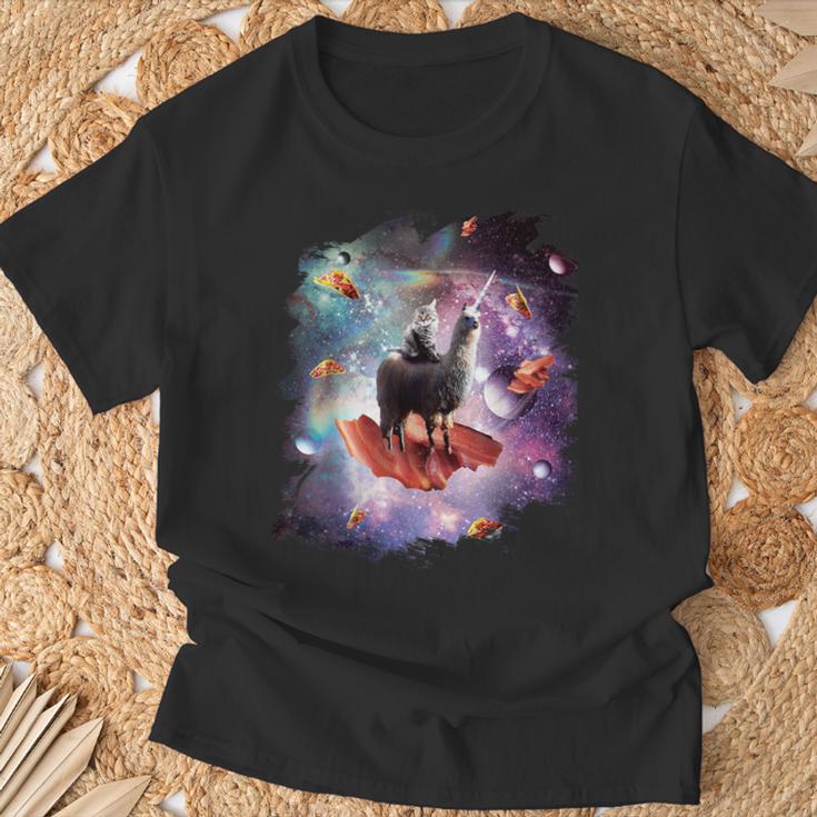 宇宙猫乗馬ユニコーン ラマ ベーコン&タコス Tシャツ 高齢者への贈り物