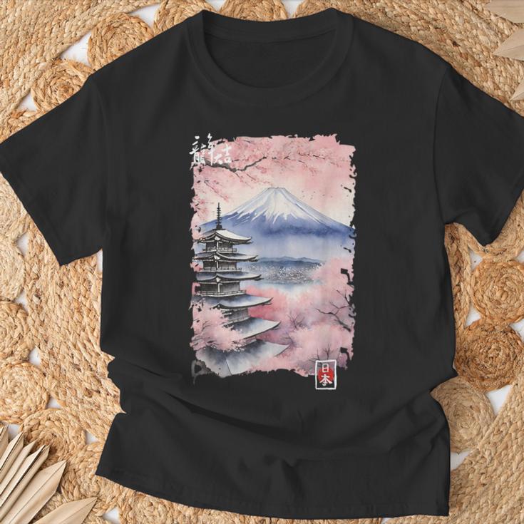 富士山 日本 桜 ヴィンテージ アニメ アート ピンク Tシャツ 高齢者への贈り物