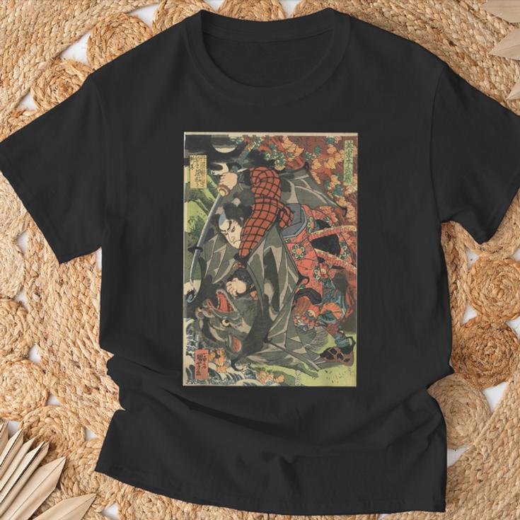 日本の侍アート 木版 宮本 武蔵 巨大コウモリ Tシャツ 高齢者への贈り物