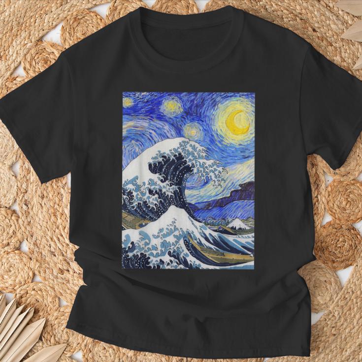 星月夜リメイクとミックスされた神奈川の大波 Tシャツ 高齢者への贈り物