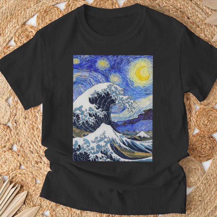 星月夜リメイクとミックスされた神奈川の大波 長袖tシャツ Tシャツ 高齢者への贈り物