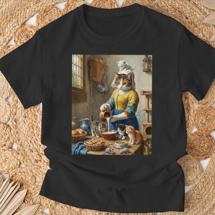 牛乳を注ぐ猫 フェルメール風 名画パロディ 油絵アート 可愛い子猫 おもしろ 猫好き Tシャツ 高齢者への贈り物