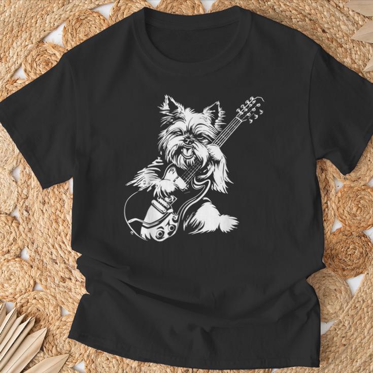 犬 ギタリスト ギター ティーカップ ヨーキー パパ ママ Tシャツ 高齢者への贈り物