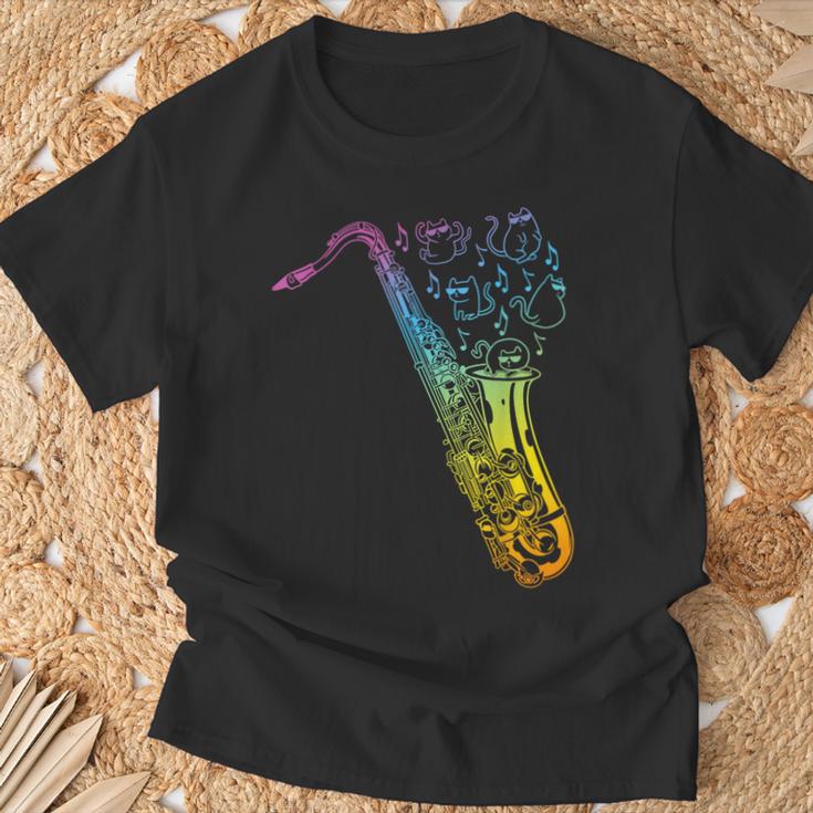 猫とサックスのサクソフォン楽器 Tシャツ 高齢者への贈り物