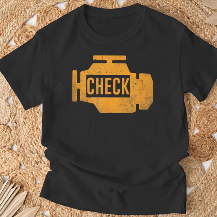 琥珀色の車のエンジンダッシュボード警告灯 面白いメカニック Tシャツ 高齢者への贈り物