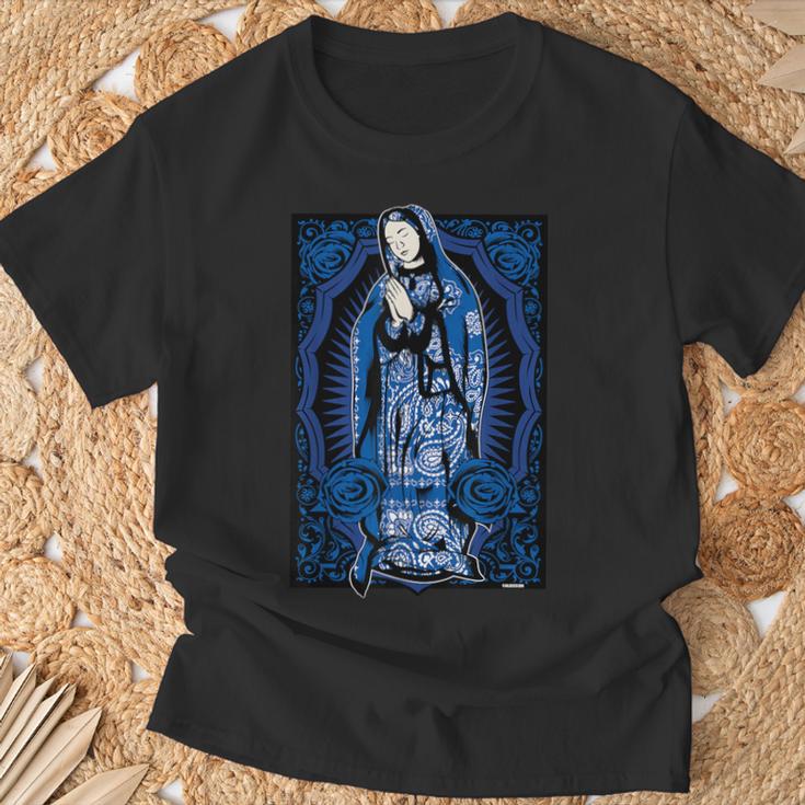 聖母マリア メキシカンブランケット アート ブルー バンダナ プリント チカーノ Tシャツ 高齢者への贈り物