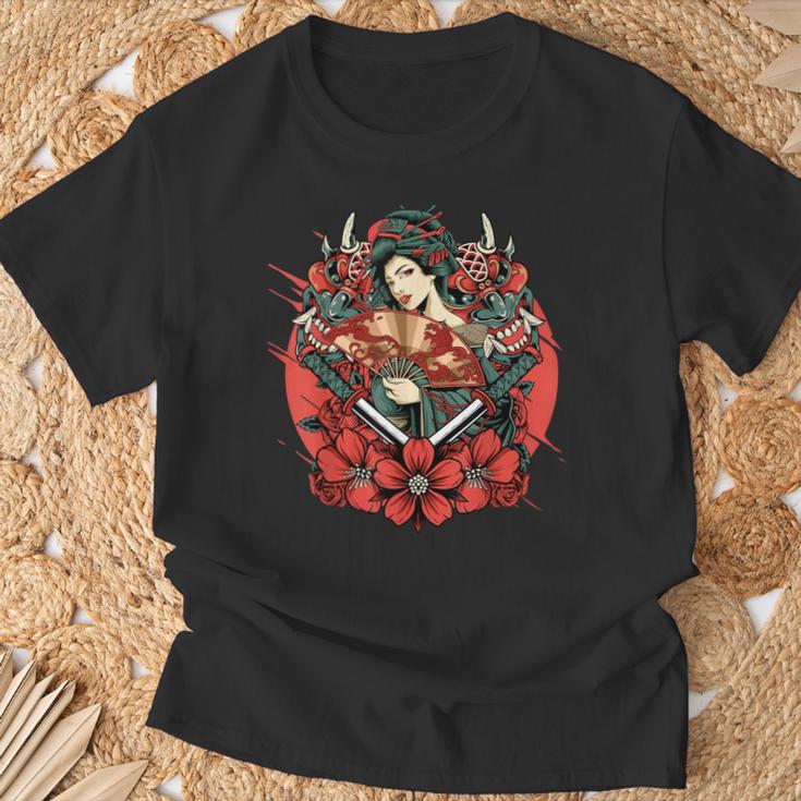 芸者 日本の鬼のお面 妖怪 侍 刀 カタナ 刀 Tシャツ 高齢者への贈り物