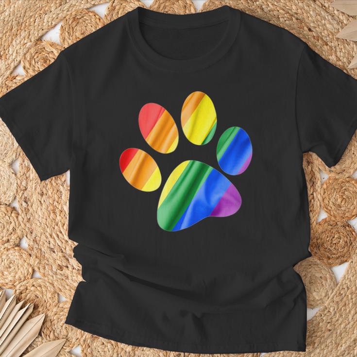 虹色の足跡プリント 犬 Tシャツ 高齢者への贈り物