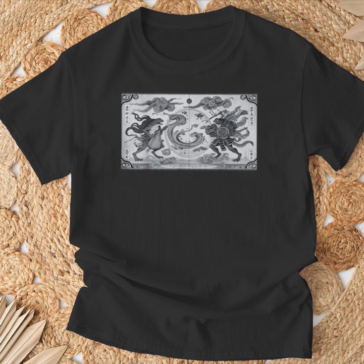 蛙の風神雷神デザイン 和風モノクロアート Tシャツ 高齢者への贈り物