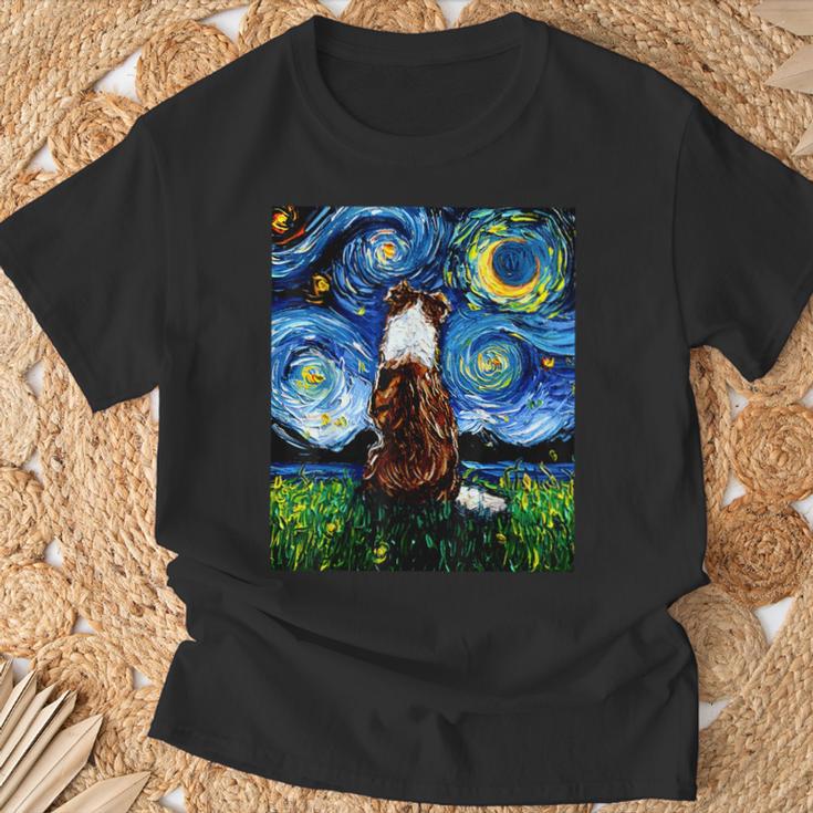 赤いボーダーコリー 星月夜犬 アートワーク Tシャツ 高齢者への贈り物