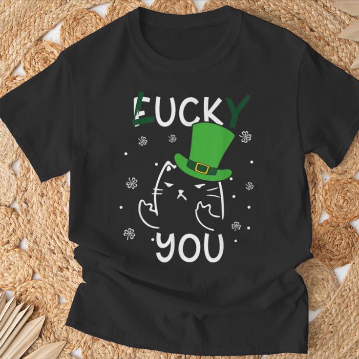 面白い黒猫レプラコーンファックラッキーユー聖パトリックデー Tシャツ 高齢者への贈り物