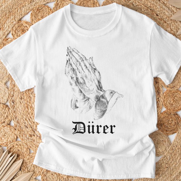 Albrecht Dürer Durer クリスチャンアート 祈りの手 ホワイト Tシャツ 高齢者への贈り物
