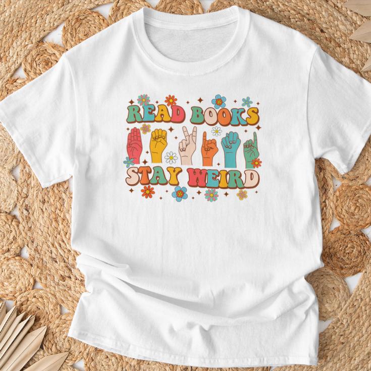 ASL American Sign Language Reads Books Stays Weird T-Shirt Gifts for Old Men ASL American Sign Language Reads Books Stays Weird T-Shirt Gifts for Old Men