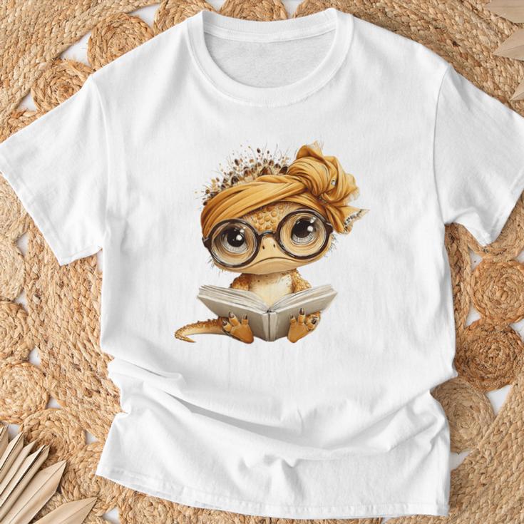Baby Lizard Open Book Reading Reptile Graphic Portrait Round Premium Tri-Blend T-Shirt Gifts for Old Men