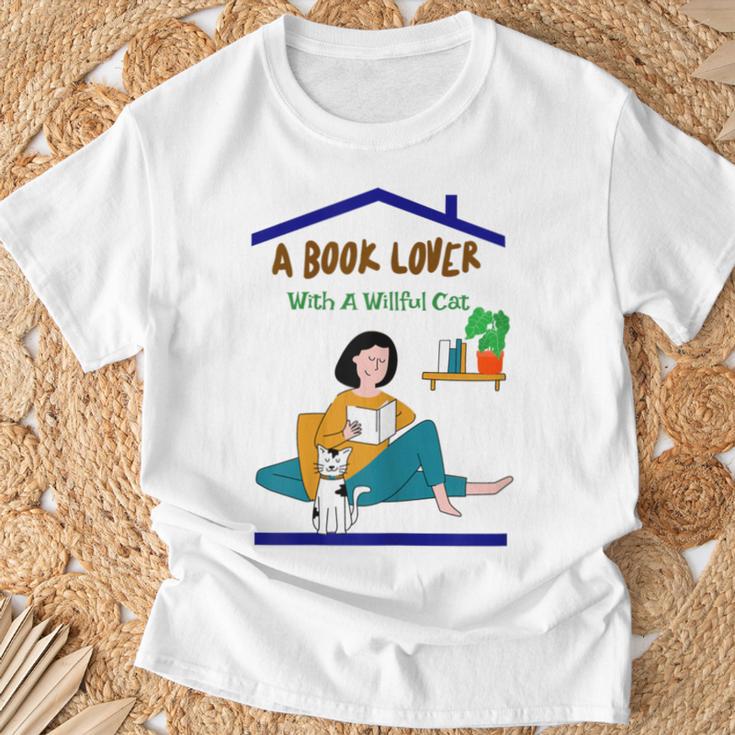 A Book Lover With A Willful Cat Women Kids T-Shirt Gifts for Old Men