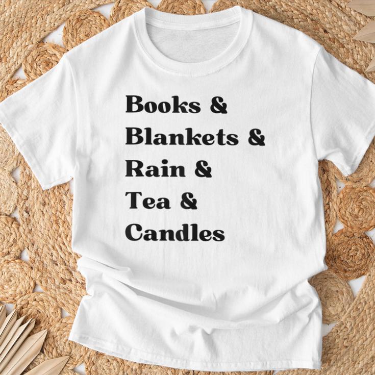 Books And Blankets And Rain And Tea And Candles Graphic T-Shirt Gifts for Old Men Books And Blankets And Rain And Tea And Candles Graphic T-Shirt Gifts for Old Men