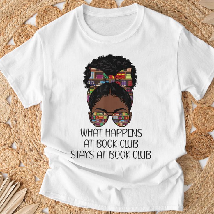 Books Lovers What Happens At Book Club Stays Black Women T-Shirt Gifts for Old Men