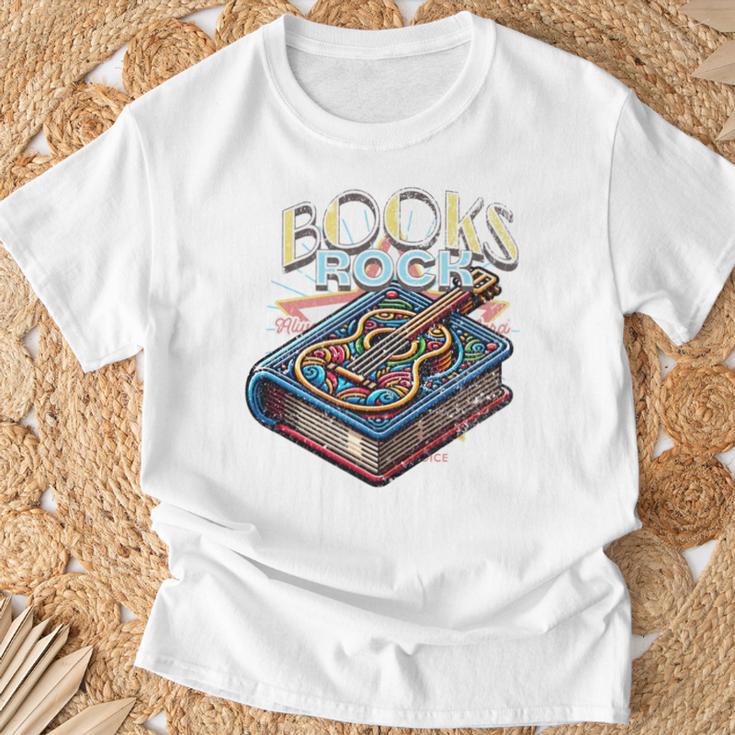 Books Rock Rock'n Roll Science Of Reading Teachers Guitar T-Shirt Gifts for Old Men