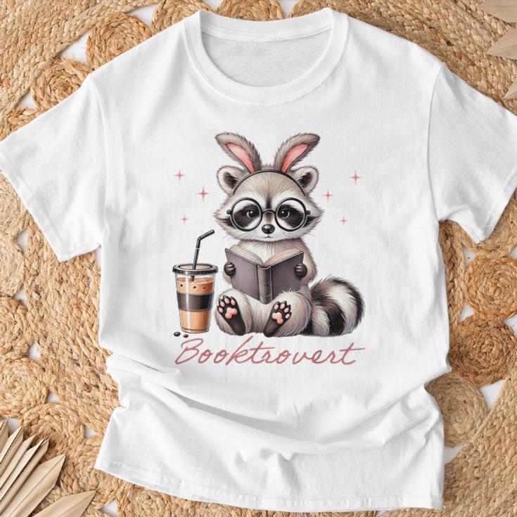 Booktrovert Raccoon Reading Book Iced Coffee Lover T-Shirt Gifts for Old Men