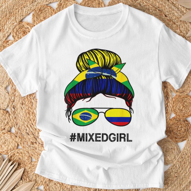 Brasil Colombia Bandera Brasil Colombiano Messy Bun Camiseta unisex Regalos para ancianos