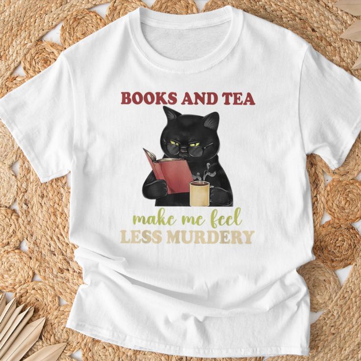 Cat Books And Tea Make Me Feel Less Murdery Quote T-Shirt Gifts for Old Men