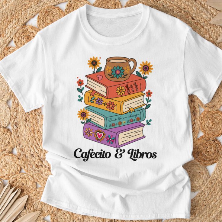 Coffee & Book Lover Reader Mexican Spanish Cafecito & Libros T-Shirt Gifts for Old Men