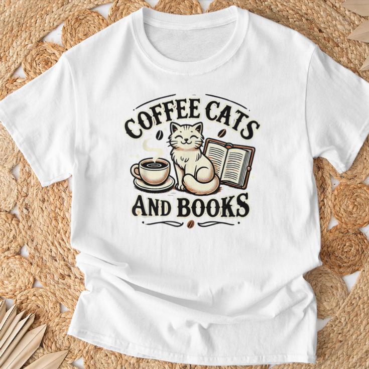 Coffee Cats And Book Reader Book Lovers Librarian Bookworm T-Shirt Gifts for Old Men