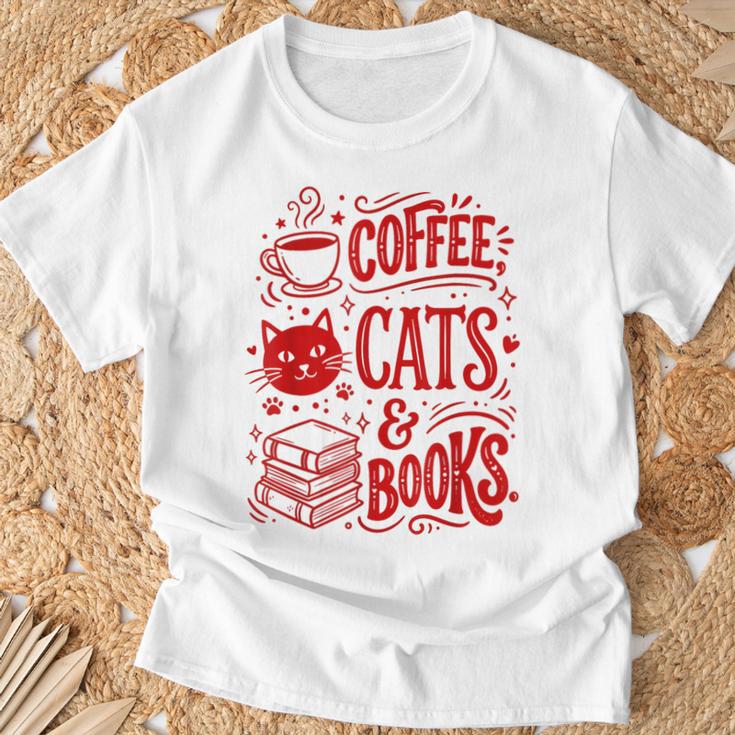 Coffee Cats And Books Lover Reading T-Shirt Gifts for Old Men