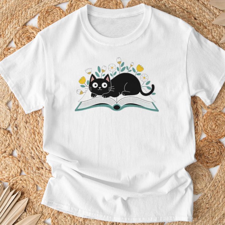 Cute Cat On Book Fun Flower Feline Pet Lover Premium Tri-Blend T-Shirt Gifts for Old Men