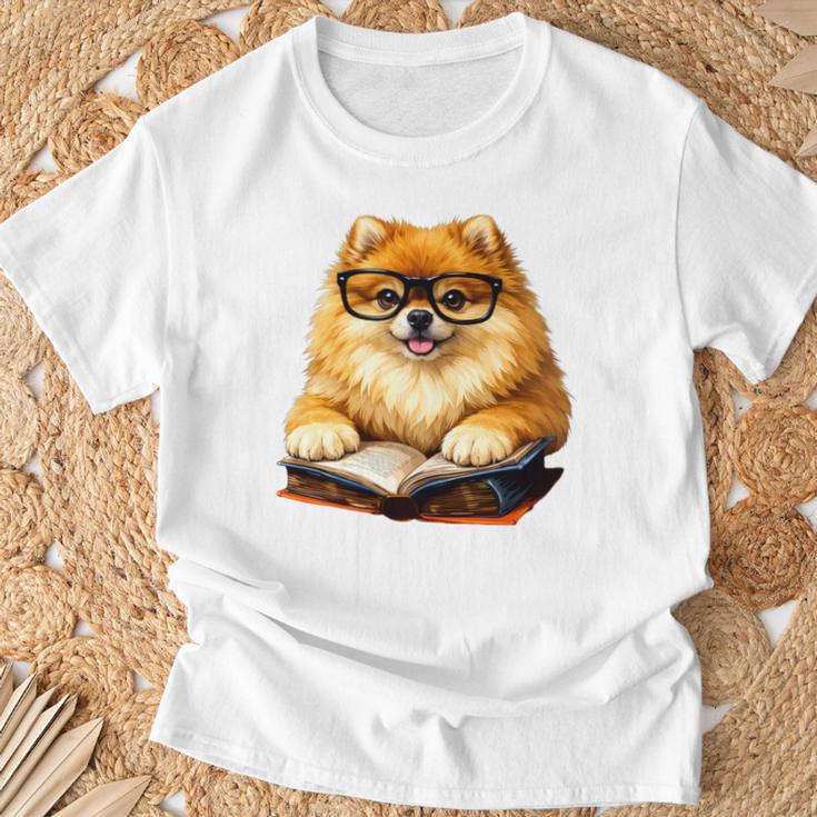 Cute Dog Pomeranian Reading Book Premium Tri-Blend T-Shirt Gifts for Old Men