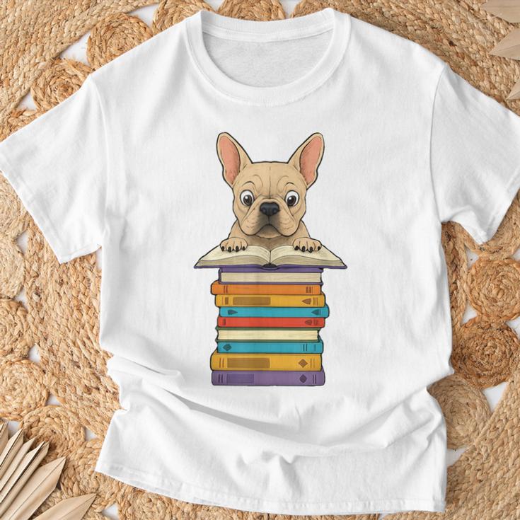 Cute French Bulldog Reading On Pile Of Books T-Shirt Gifts for Old Men