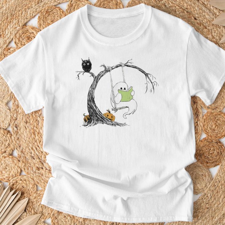 Cute Ghost Costume Reading Book Halloween T-Shirt Gifts for Old Men