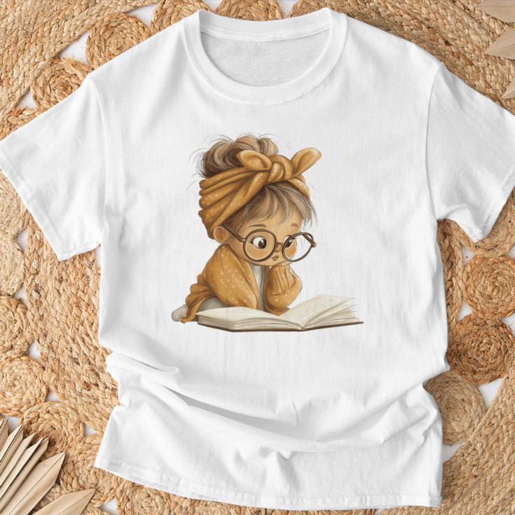 Cute Girl Open Book Reading Book Lover Graphic Round Glasses T-Shirt Gifts for Old Men