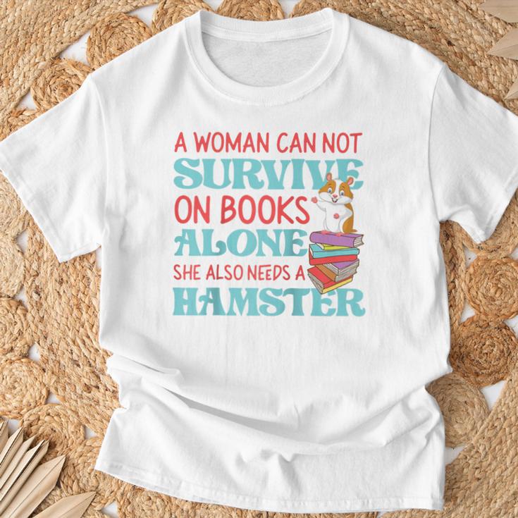 Cute Hamster Reading Book A Woman Can Not Survive On Books Raglan Baseball Tee T-Shirt Gifts for Old Men