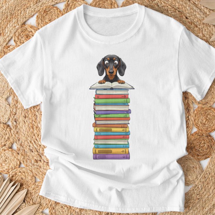 Cute Wiener Dog Dachshund Reading On Pile Of Books T-Shirt Gifts for Old Men