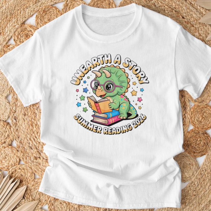 Dino Reading Books Unearth a Story Summer Reading Dinosaur T-Shirt Gifts for Old Men