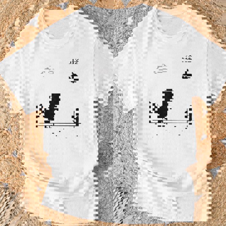 Dino T-Rex 恐竜 ピクセルゲーム インターネットなし オフライン 面白い 男性 Tシャツ 高齢者への贈り物