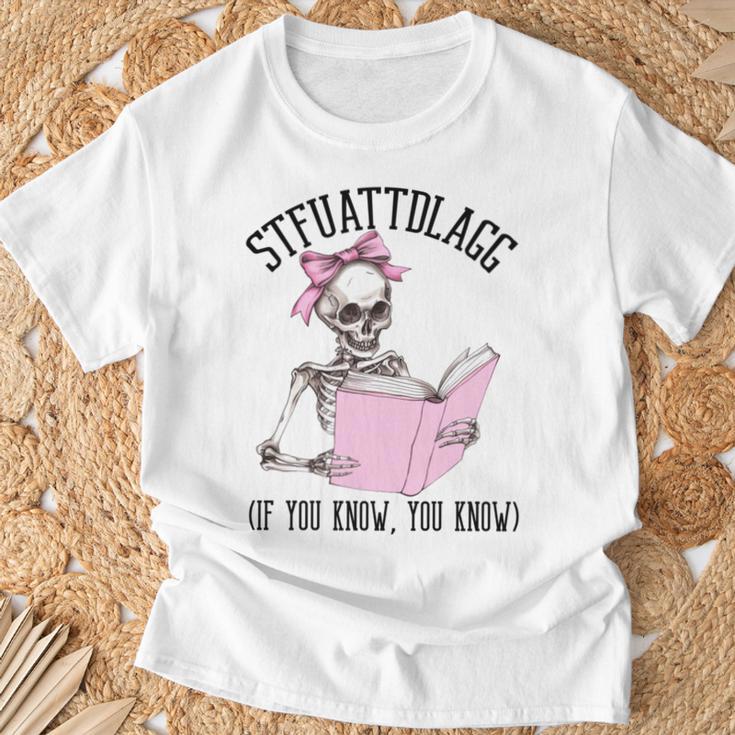 Dirty Romance Skeleton Reading Smut Smutty Book STFUATTDLAGG Comfort Colors Crop Top T-Shirt Gifts for Old Men