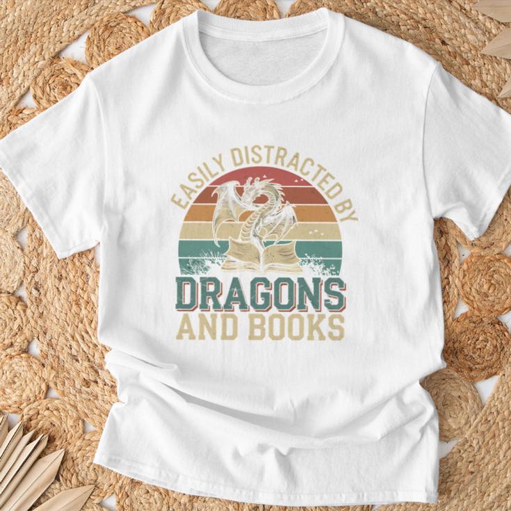 Easily Distracted By Books & Dragons Bookworm Reading T-Shirt Gifts for Old Men
